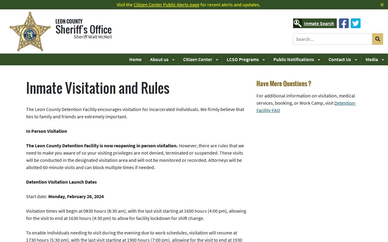 Leon County detention visitation and rules page
