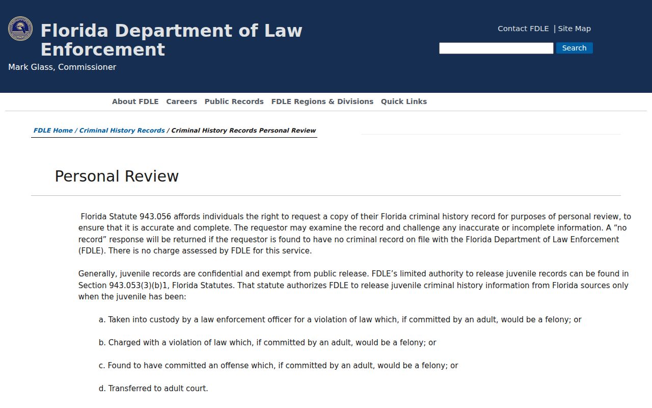 FDLE personal criminal history review and correction guidance