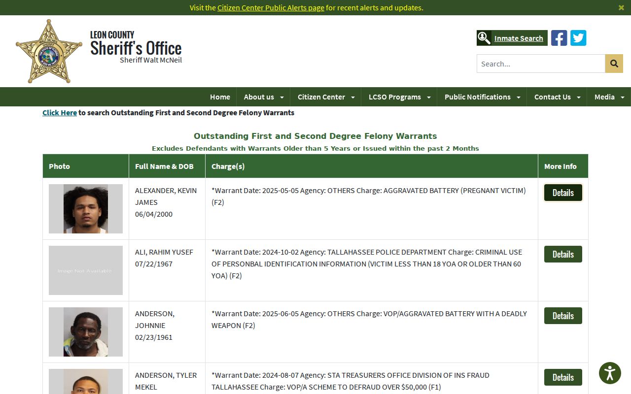 Leon County Sheriff's Office limited felony warrant search notice