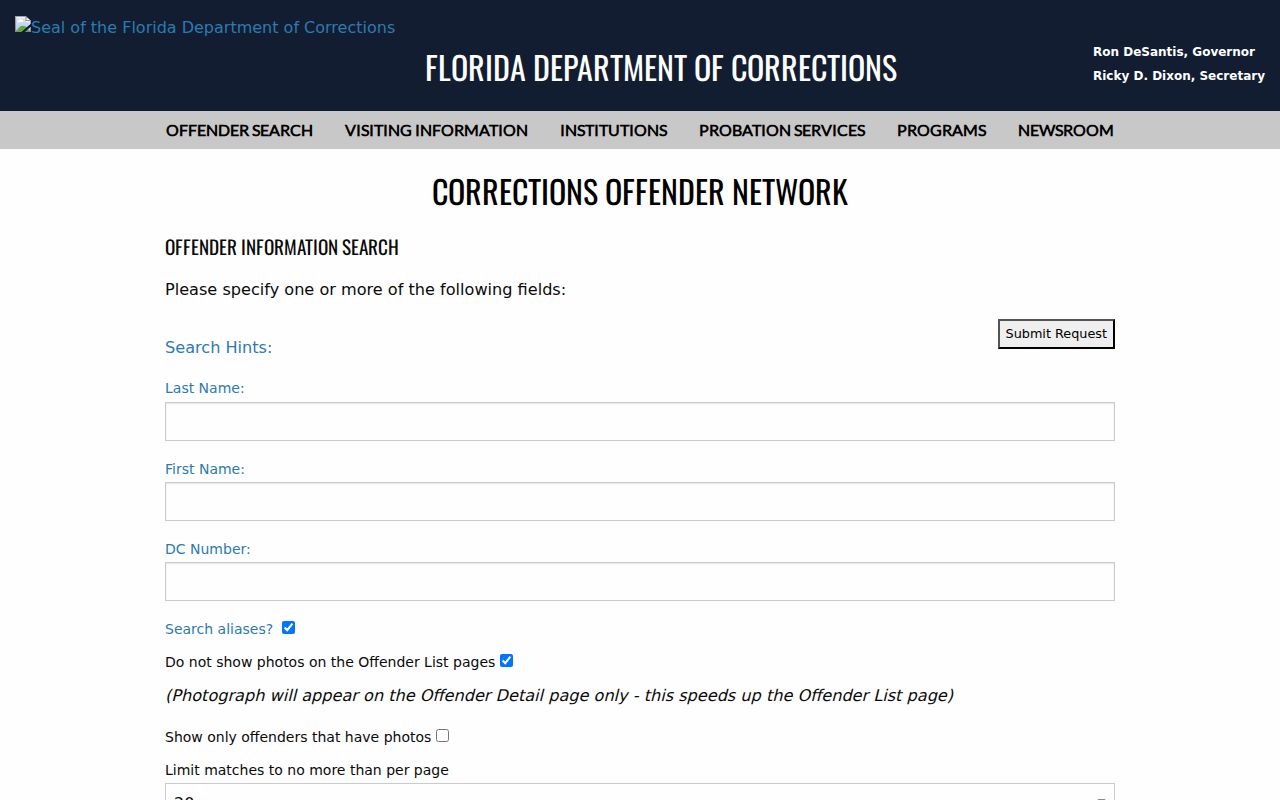 Florida Department of Corrections official offender search form