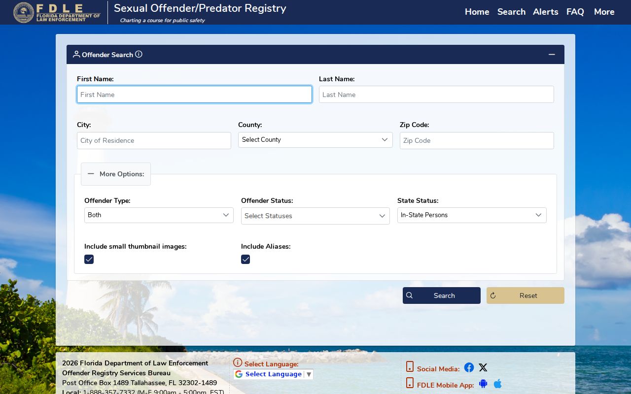 Leon County sex offender search filters in the FDLE registry