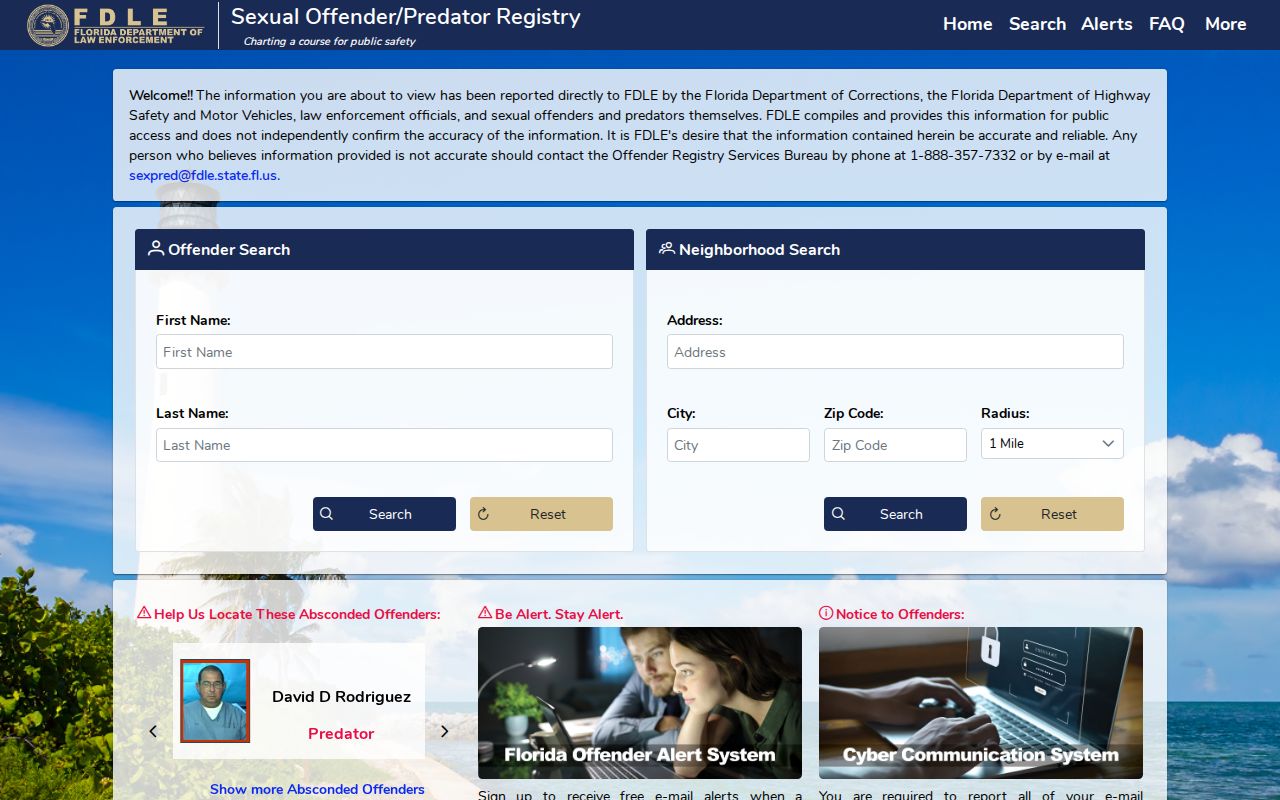 Leon County sex offender records on the official Florida registry home