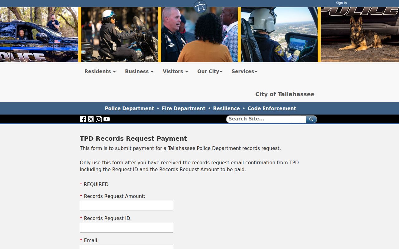 Tallahassee Police Department records request payment form